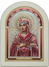 Посеребренная икона "Семистрельная Божия Матерь" белое дерево с цветной эмалью